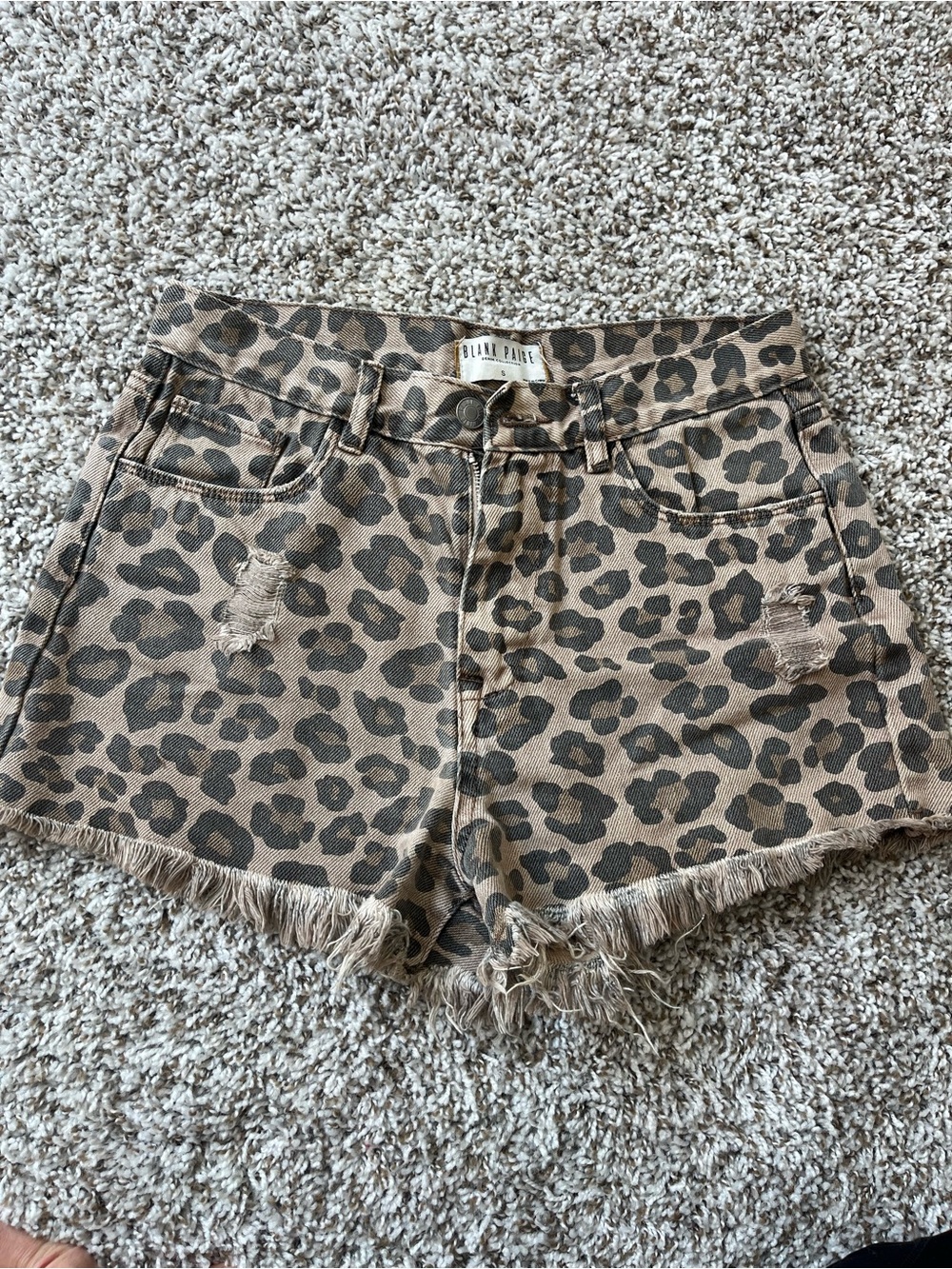 Blank Paige Taupe Leopard Print Frayed Hem Jean Shorts